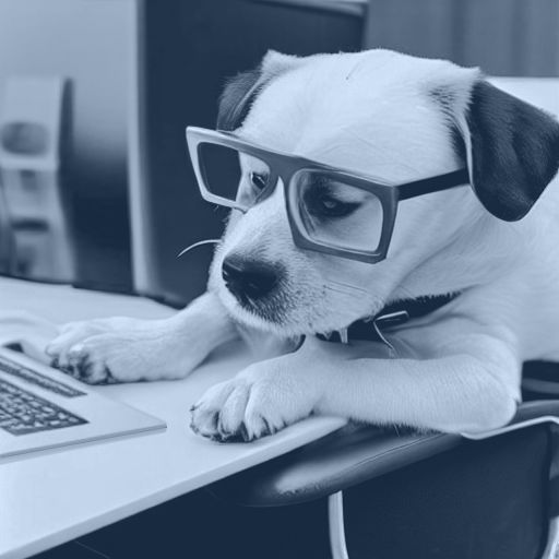 Hund mit Brille sitzt am Computer